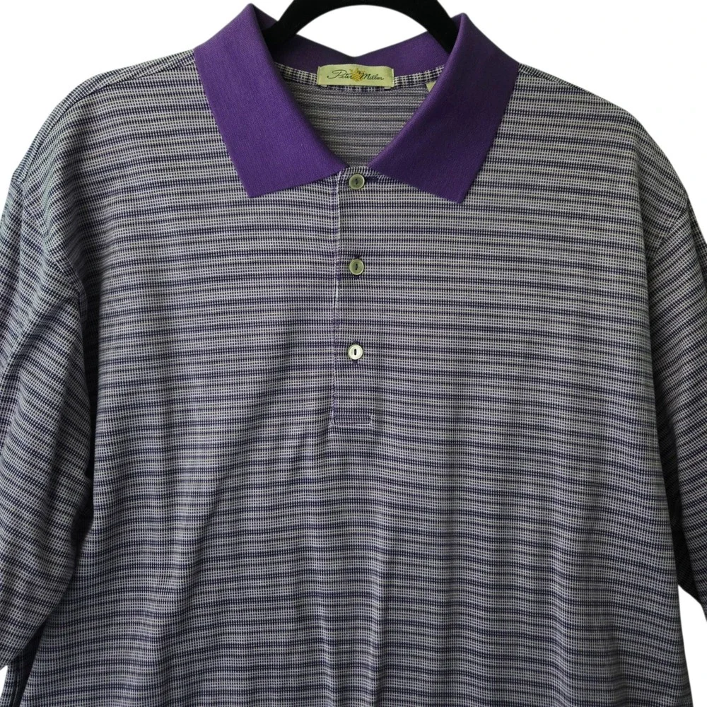 Peter Millar Mens Large Purple Stripe Double Mercerized Cotton‎ Polo Shirt Golf